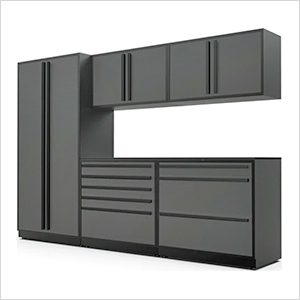 6-Piece Glossy Grey Cabinet Set with Black Handles and Powder Coated Worktop