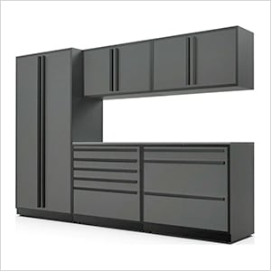 6-Piece Glossy Grey Cabinet Set with Black Handles and Stainless Steel Worktop