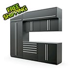 Proslat Garage Cabinets 8-Piece Mat Black Cabinet Set with Silver Handles and Stainless Steel Worktop