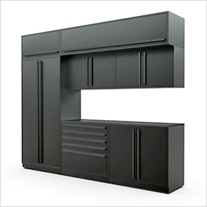 8-Piece Mat Black Cabinet Set with Black Handles and Powder Coated Worktop