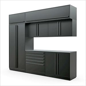 8-Piece Mat Black Cabinet Set with Black Handles and Stainless Steel Worktop