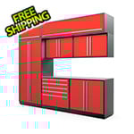 Proslat 8-Piece Glossy Red Cabinet Set with Silver Handles and Stainless Steel Worktop