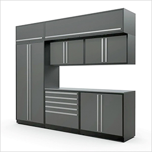 8-Piece Glossy Grey Cabinet Set with Silver Handles and Stainless Steel Worktop