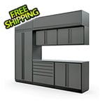 Proslat 8-Piece Glossy Grey Cabinet Set with Black Handles and Stainless Steel Worktop