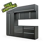 Proslat Garage Cabinets 8-Piece Mat Black Cabinet Set with Silver Handles and Powder Coated Worktop