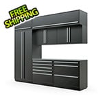 Proslat Fusion Plus 8-Piece Mat Black Garage Cabinet Set with Silver Handles and Stainless Steel Countertop