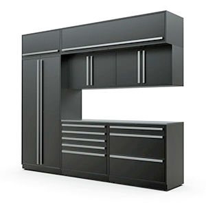 8-Piece Mat Black Cabinet Set with Silver Handles and Stainless Steel Worktop