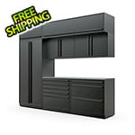 Proslat Garage Cabinets 8-Piece Mat Black Cabinet Set with Black Handles and Stainless Steel Worktop