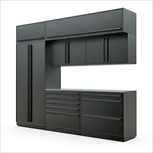 8-Piece Mat Black Cabinet Set with Black Handles and Stainless Steel Worktop