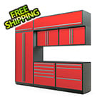 Proslat Garage Cabinets 8-Piece Glossy Red Cabinet Set with Silver Handles and Powder Coated Worktop