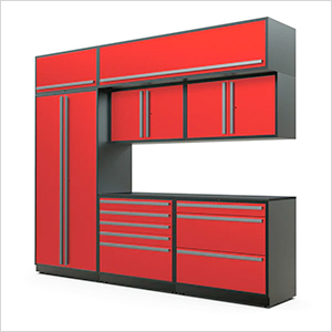 8-Piece Glossy Red Cabinet Set with Silver Handles and Powder Coated Worktop