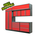 Proslat Garage Cabinets 8-Piece Glossy Red Cabinet Set with Silver Handles and Stainless Steel Worktop