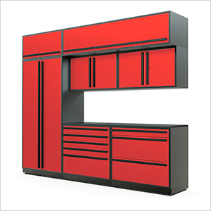 8-Piece Glossy Red Cabinet Set with Black Handles and Powder Coated Worktop