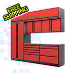 Proslat 8-Piece Glossy Red Cabinet Set with Black Handles and Stainless Steel Worktop