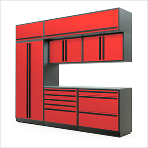 8-Piece Glossy Red Cabinet Set with Black Handles and Stainless Steel Worktop