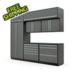 Proslat Garage Cabinets 8-Piece Glossy Grey Cabinet Set with Silver Handles and Powder Coated Worktop