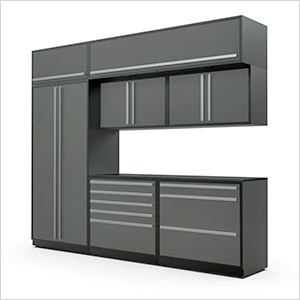 8-Piece Glossy Grey Cabinet Set with Silver Handles and Powder Coated Worktop