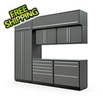 Proslat 8-Piece Glossy Grey Cabinet Set with Silver Handles and Stainless Steel Worktop