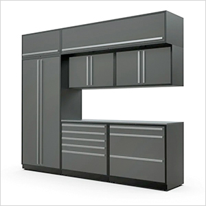 8-Piece Glossy Grey Cabinet Set with Silver Handles and Stainless Steel Worktop