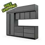 Proslat Garage Cabinets 8-Piece Glossy Grey Cabinet Set with Black Handles and Powder Coated Worktop