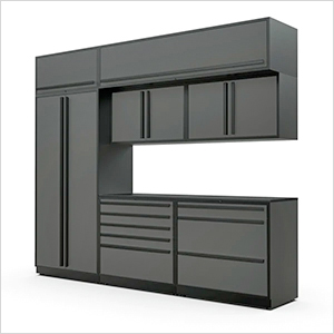 8-Piece Glossy Grey Cabinet Set with Black Handles and Powder Coated Worktop