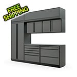 Proslat 8-Piece Glossy Grey Cabinet Set with Black Handles and Stainless Steel Worktop