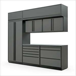 8-Piece Glossy Grey Cabinet Set with Black Handles and Stainless Steel Worktop