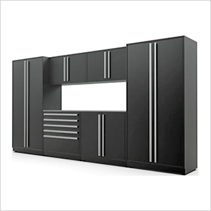 7-Piece Mat Black Cabinet Set with Silver Handles and Stainless Steel Worktop