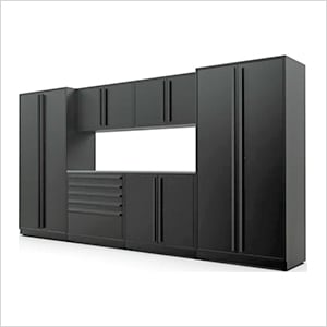 7-Piece Mat Black Cabinet Set with Black Handles and Stainless Steel Worktop