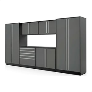 7-Piece Glossy Grey Cabinet Set with Silver Handles and Powder Coated Worktop