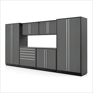 7-Piece Glossy Grey Cabinet Set with Silver Handles and Stainless Steel Worktop