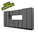 Proslat 7-Piece Glossy Grey Cabinet Set with Black Handles and Stainless Steel Worktop