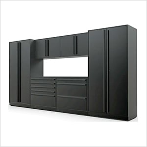 7-Piece Mat Black Cabinet Set with Black Handles and Powder Coated Worktop