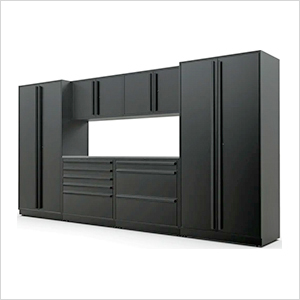 7-Piece Mat Black Cabinet Set with Black Handles and Stainless Steel Worktop