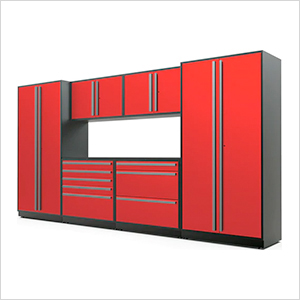 7-Piece Glossy Red Cabinet Set with Silver Handles and Powder Coated Worktop