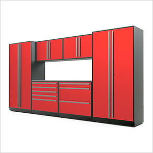 7-Piece Glossy Red Cabinet Set with Silver Handles and Stainless Steel Worktop