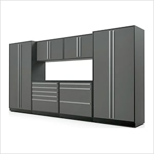 7-Piece Glossy Grey Cabinet Set with Silver Handles and Powder Coated Worktop