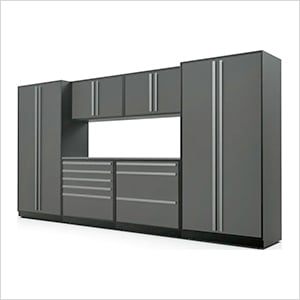 7-Piece Glossy Grey Cabinet Set with Silver Handles and Stainless Steel Worktop