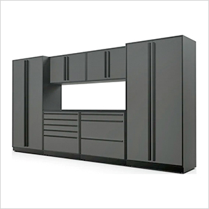 7-Piece Glossy Grey Cabinet Set with Black Handles and Powder Coated Worktop