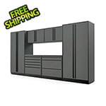 Proslat 7-Piece Glossy Grey Cabinet Set with Black Handles and Stainless Steel Worktop