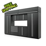 Proslat Garage Cabinets 9-Piece Mat Black Cabinet Set with Silver Handles and Powder Coated Worktop