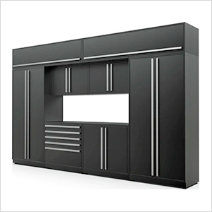 9-Piece Mat Black Cabinet Set with Silver Handles and Powder Coated Worktop