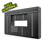 Proslat Fusion Plus 9-Piece Mat Black Garage Cabinet Set with Silver Handles and Stainless Steel Countertop