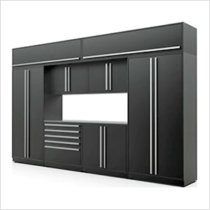 9-Piece Mat Black Cabinet Set with Silver Handles and Stainless Steel Worktop