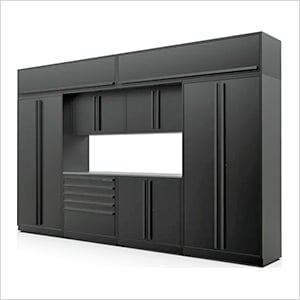 9-Piece Mat Black Cabinet Set with Black Handles and Stainless Steel Worktop