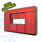 Proslat 9-Piece Glossy Red Cabinet Set with Silver Handles and Stainless Steel Worktop