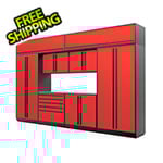 Proslat 9-Piece Glossy Red Cabinet Set with Black Handles and Stainless Steel Worktop