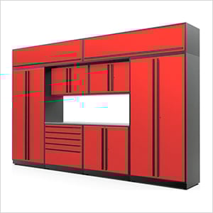 9-Piece Glossy Red Cabinet Set with Black Handles and Stainless Steel Worktop