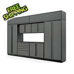 Proslat Fusion Plus 9-Piece Glossy Grey Garage Cabinet Set with Black Handles and Powder Coated Countertop