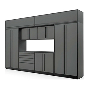 9-Piece Glossy Grey Cabinet Set with Black Handles and Powder Coated Worktop